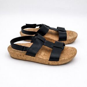 Kork-Ease Black Leather Cork Platform Strappy Sandals Size 8